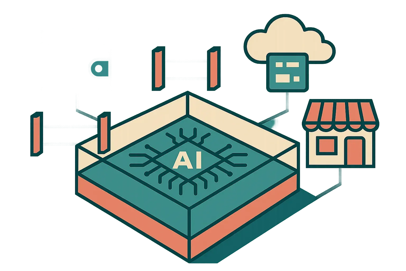 an agent core inside a transparent sandbox connected to a wallet, cloud tools, and a small storefront, with visible gate