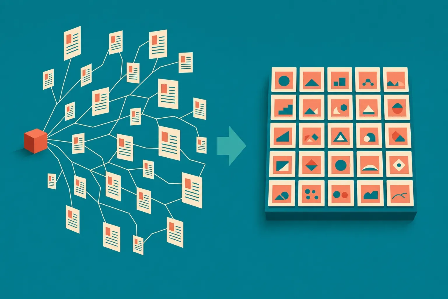 diagram showing the difference between a single quickstart example fanning into API docs versus a library of two dozen t