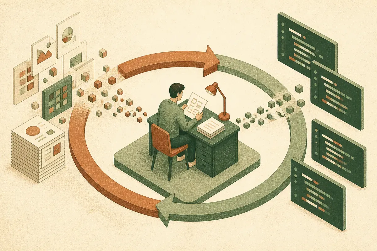 a single person at the center of a loop, with documents and numbers flowing in and reviewed code flowing out