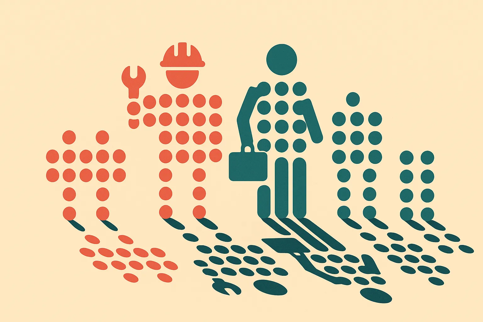 individual dots clustering into occupational groups, with each group casting both a shared shadow and separate individua