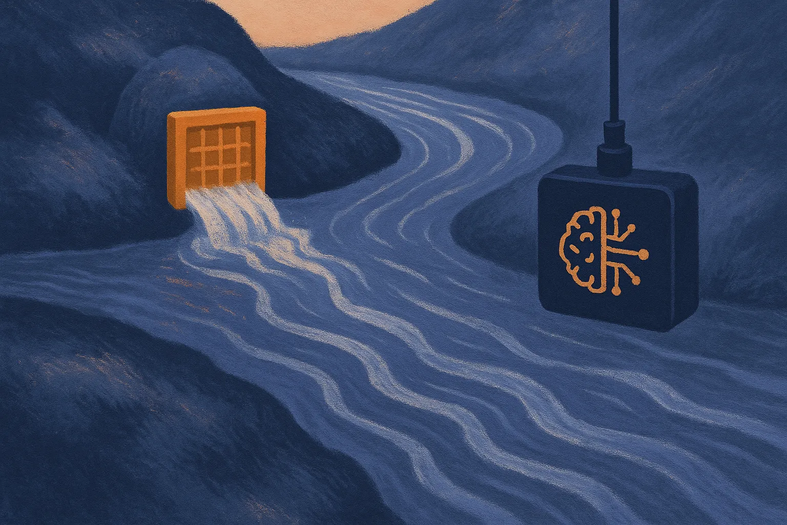 a clean filter at the source of a stream versus a sensor placed downstream in the moving current, two different points o