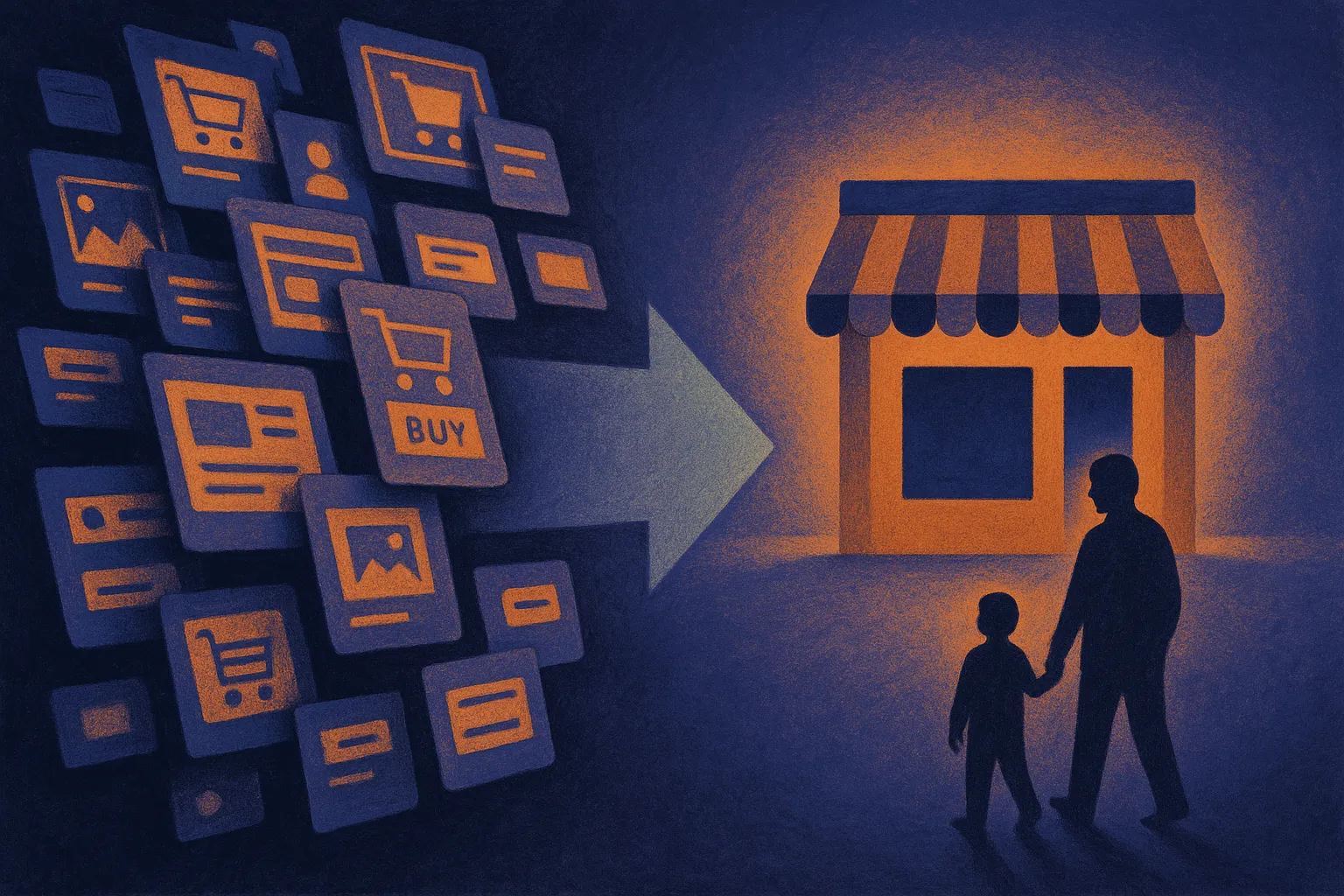a messy cluster of product screens narrowing into a simple trusted storefront with a parent and child silhouette nearby