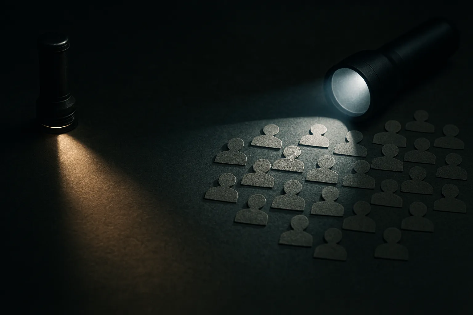 a single narrow spotlight cone versus a wide fan of overlapping cones illuminating a crowd
