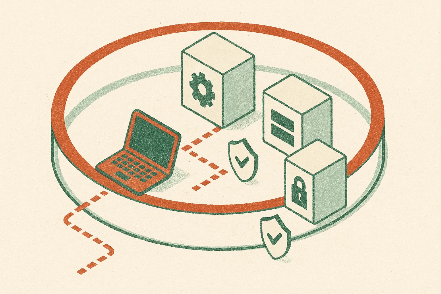 private network ring around internal tools with one compromised laptop path passing through toward model files and secre