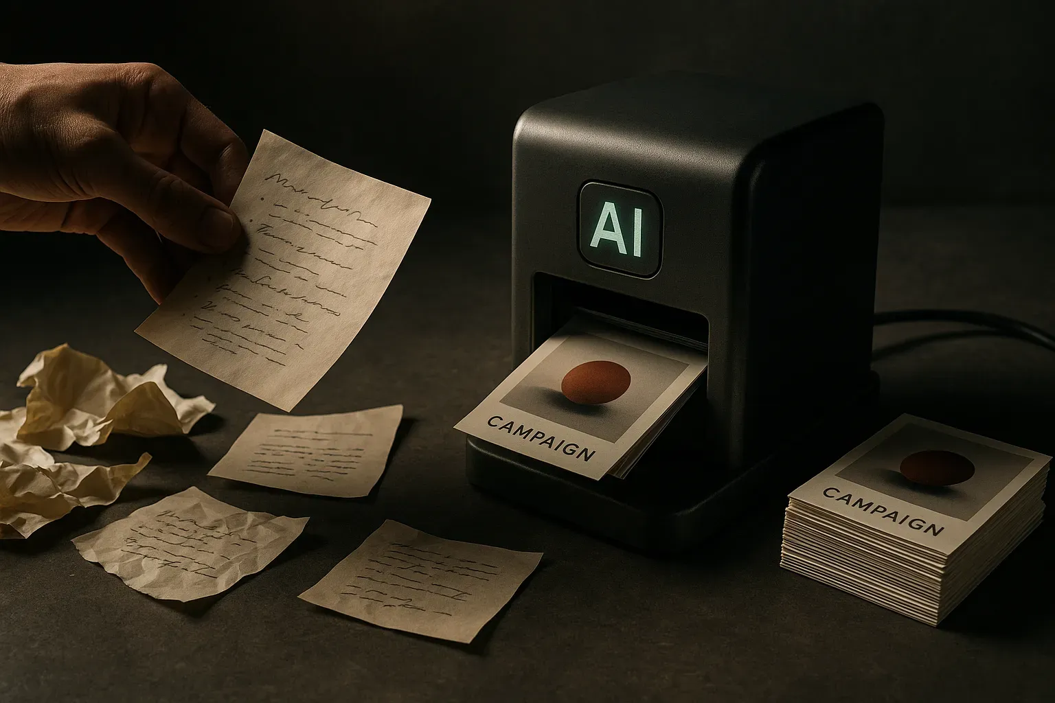 marketer moving scattered notes and drafts into a small reusable machine that outputs polished campaign pieces