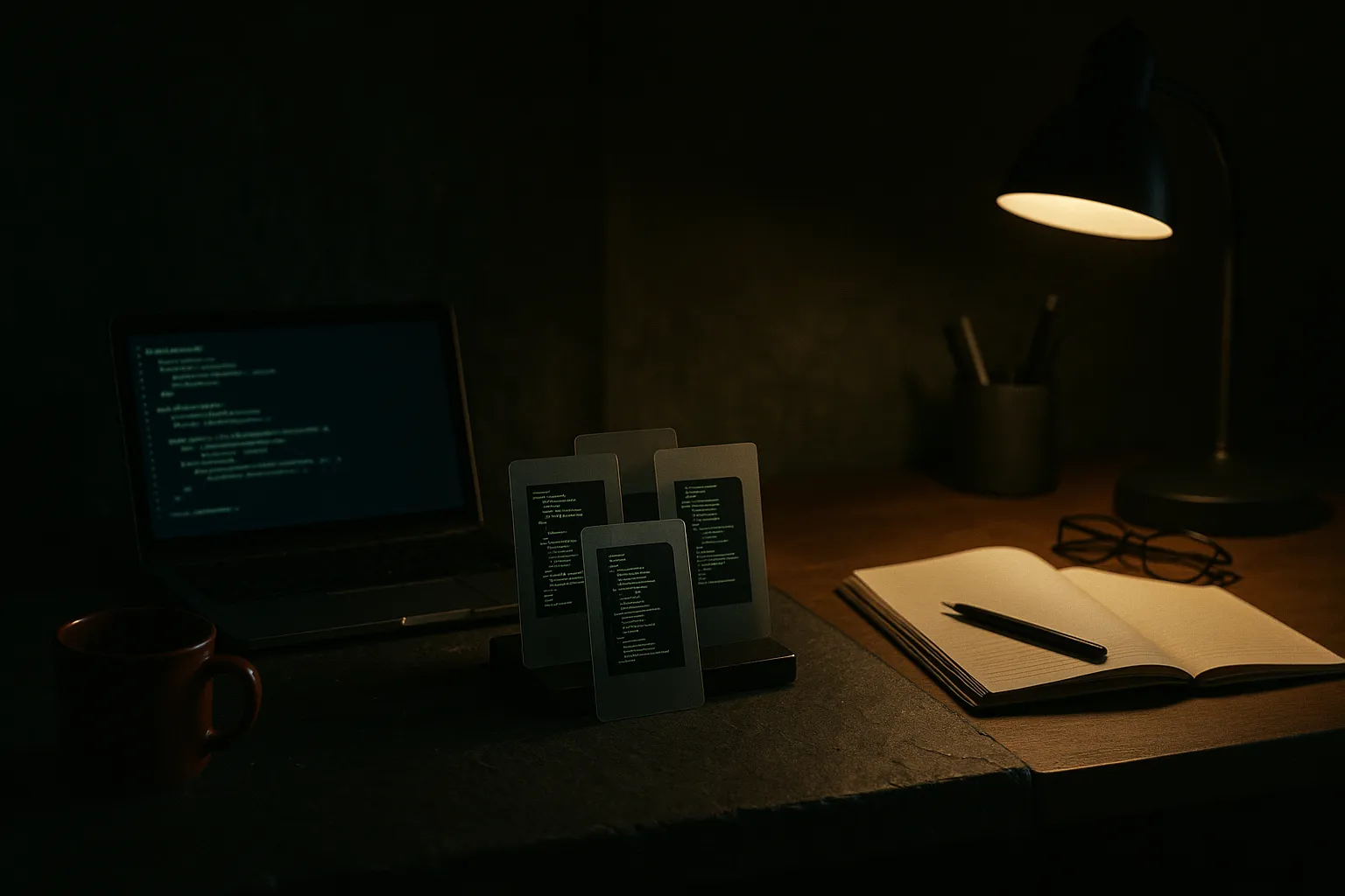small local workstation quietly producing multiple code artifacts overnight while a separate human workspace stays focus