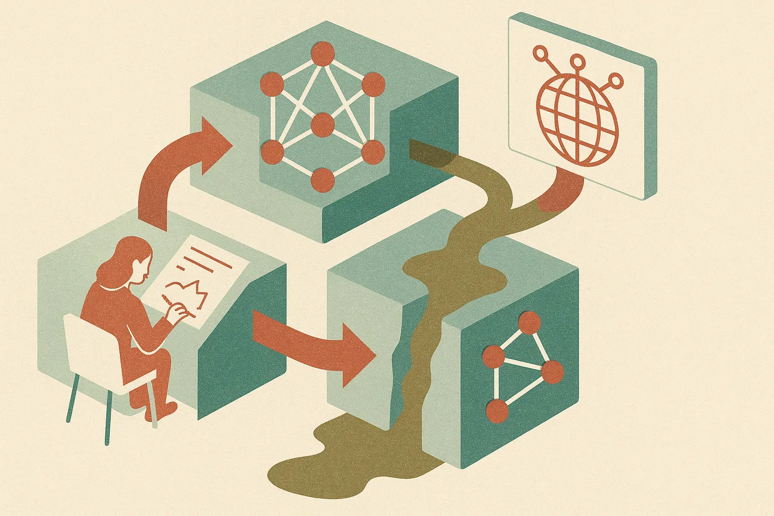 human-made work flowing into a model, model-made output flowing back into the web, then a muddier stream feeding the nex