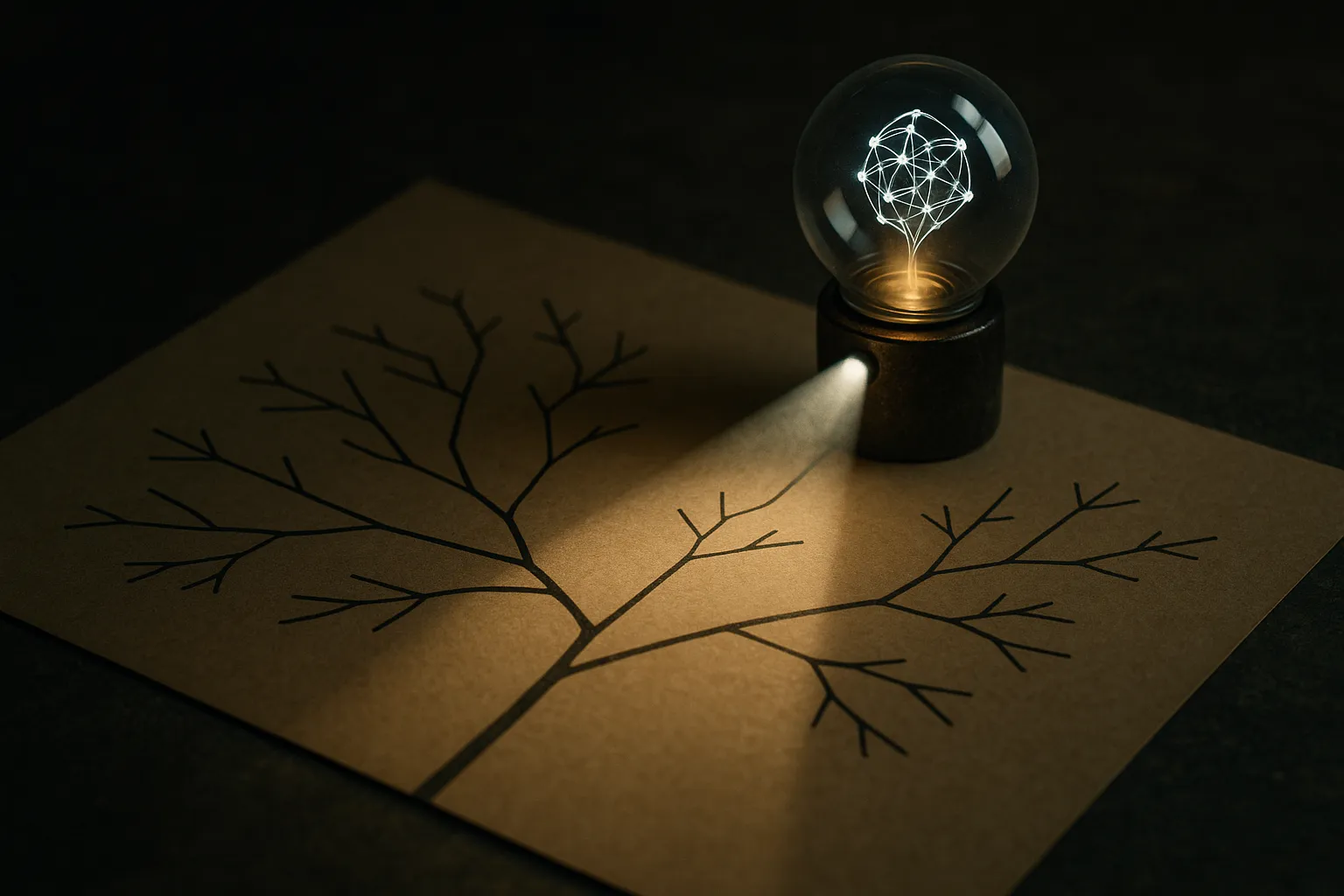 an branching tree of generated paths, with a faint hidden region being illuminated by a search beam from an abstract mod