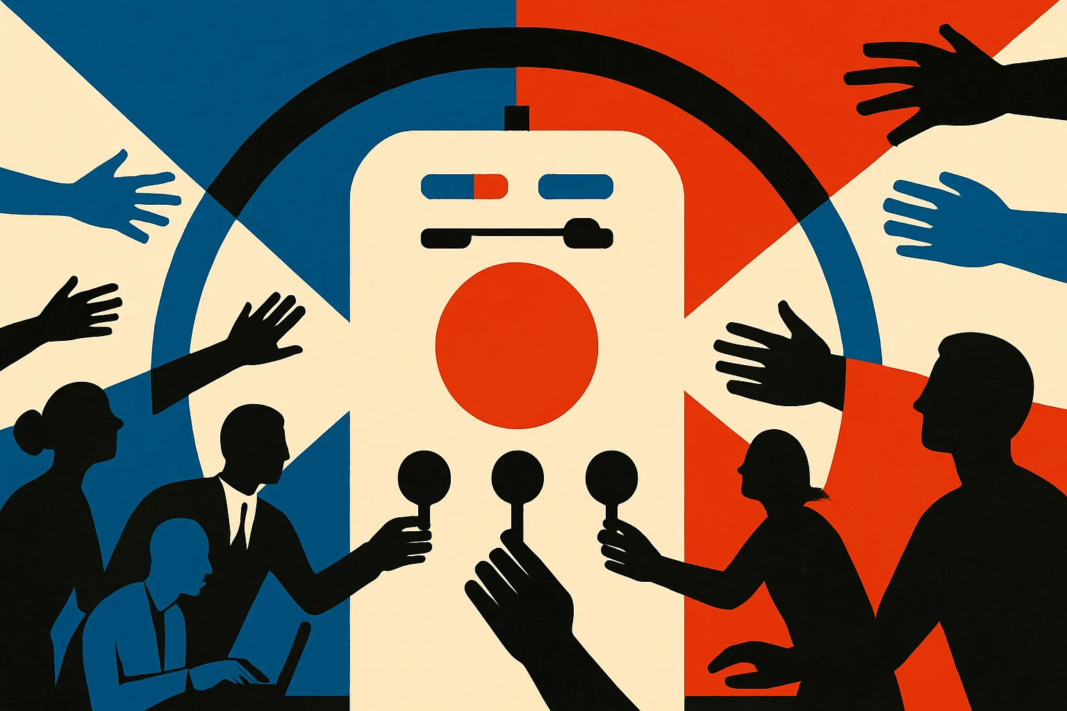 one large automated system sitting between office workers and customers, with people on both sides reaching toward it wh