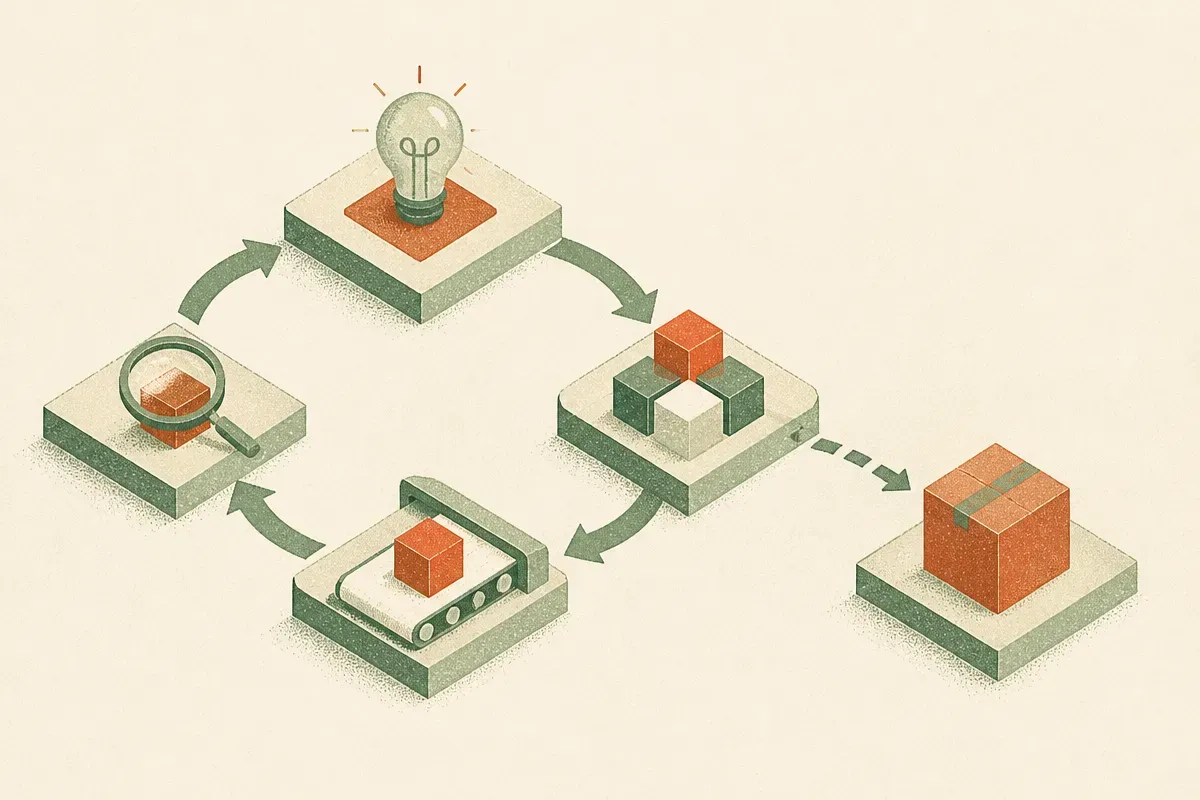 a loop of four connected stages cycling back on itself, with one stage breaking off into a single sealed box