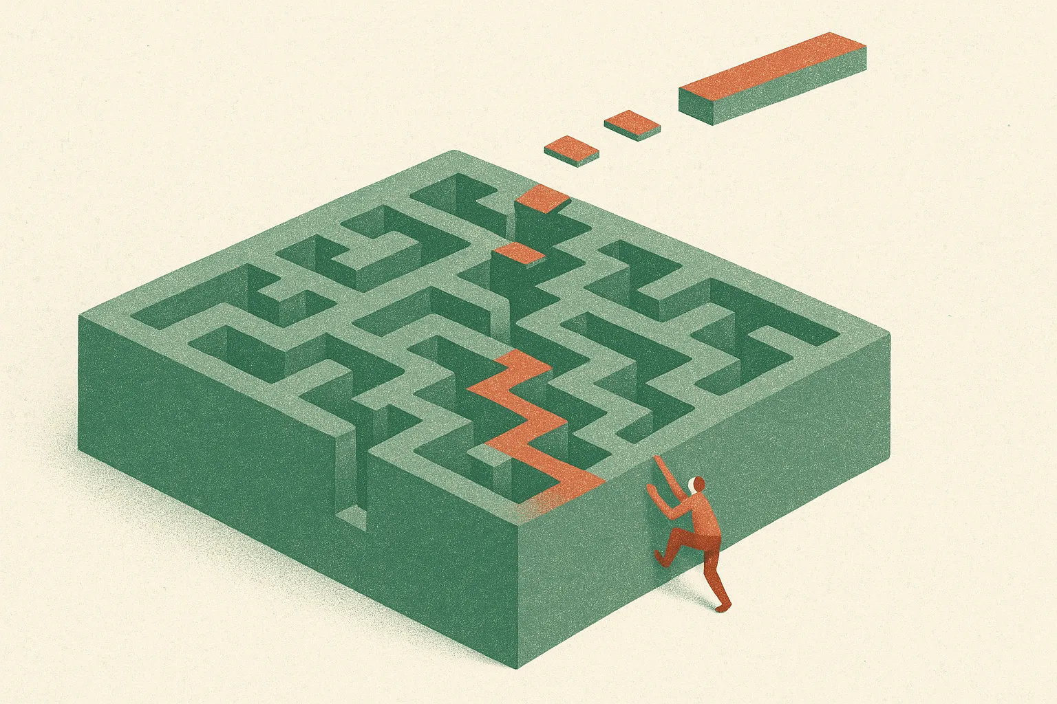 small model climbing a difficult maze with a partial bridge ahead of it, while bridge pieces behind it fade away as the 