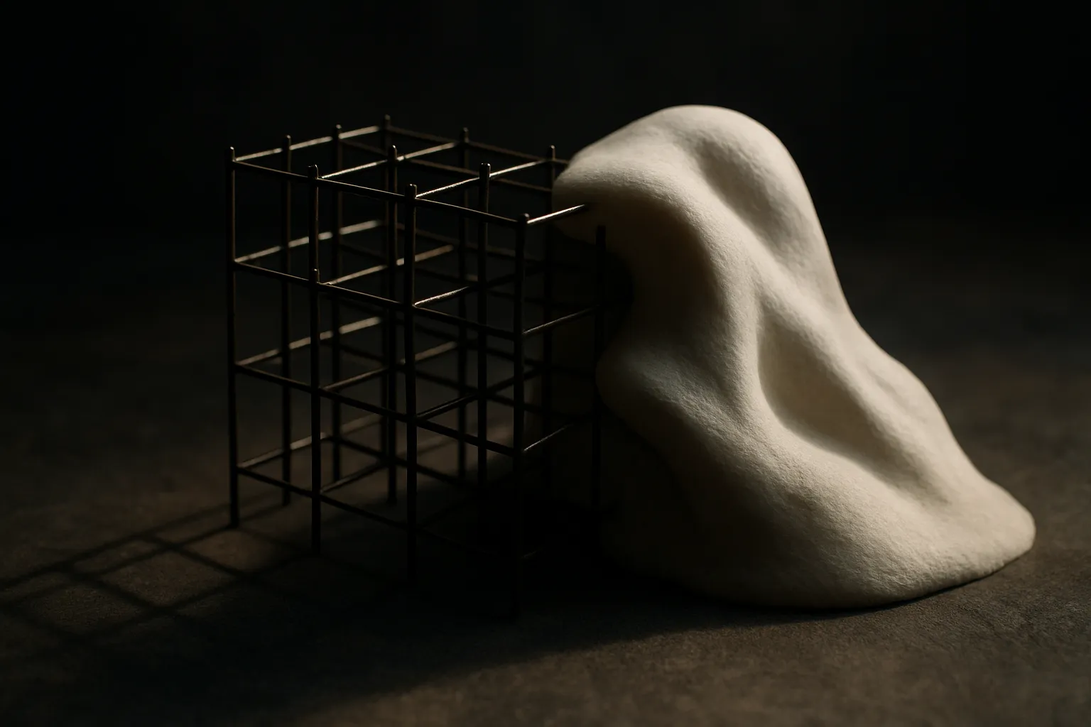 a scaffold or lattice structure being built first, then a flowing organic form growing over it, showing structure laid d
