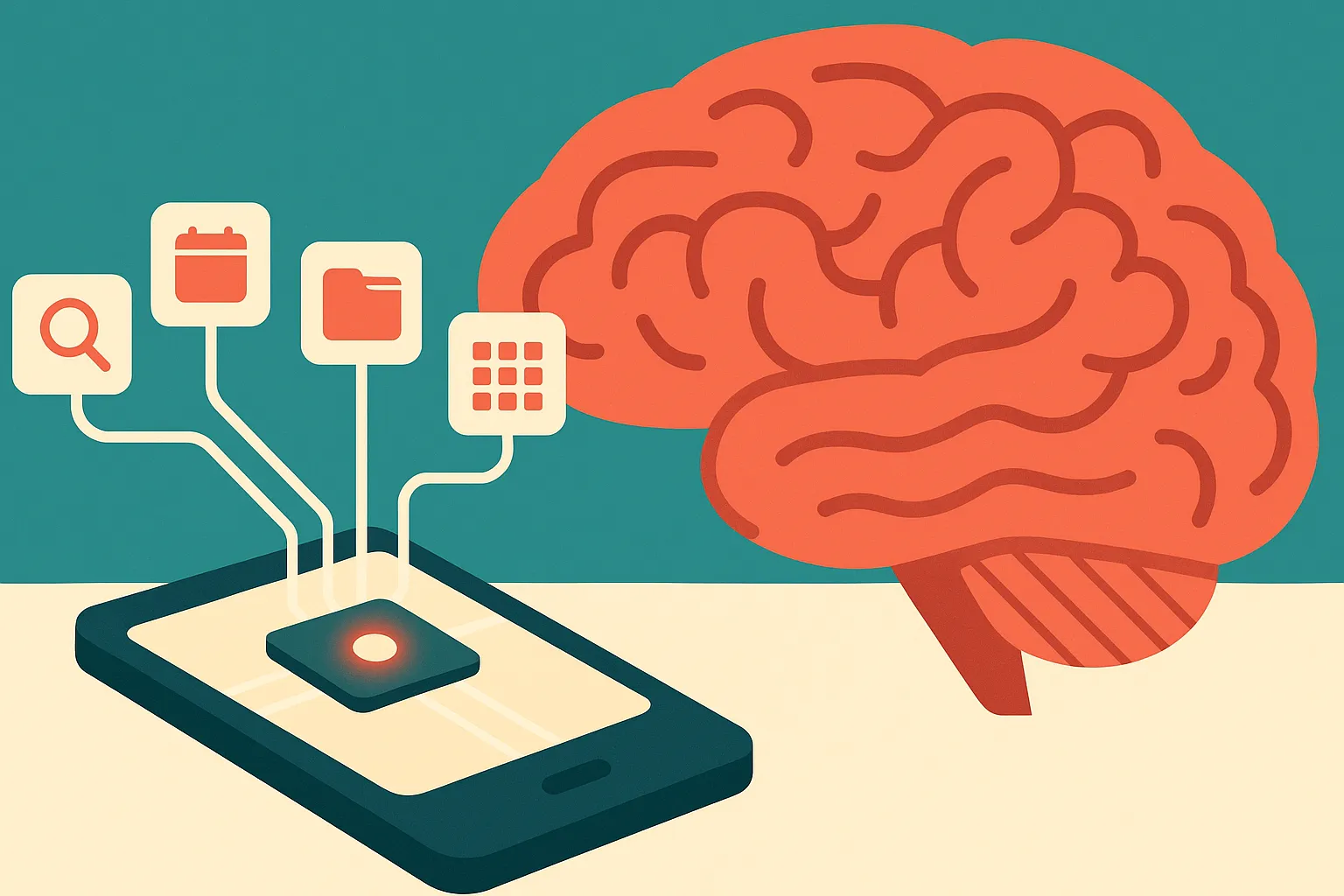 small bright core on a phone chip sending thin paths to separate external tools like search, calendar, files, and apps,