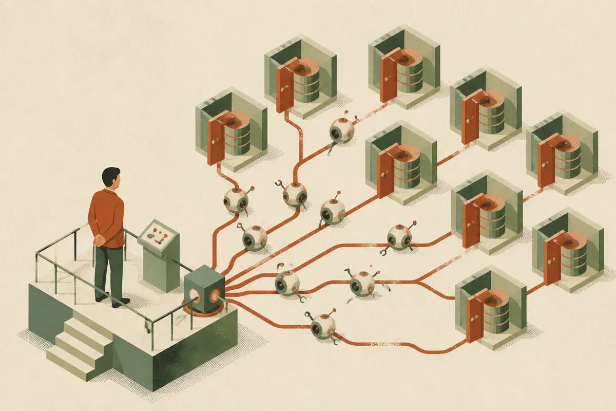 small automated probes branching toward many ordinary database doors, with one human figure supervising from behind