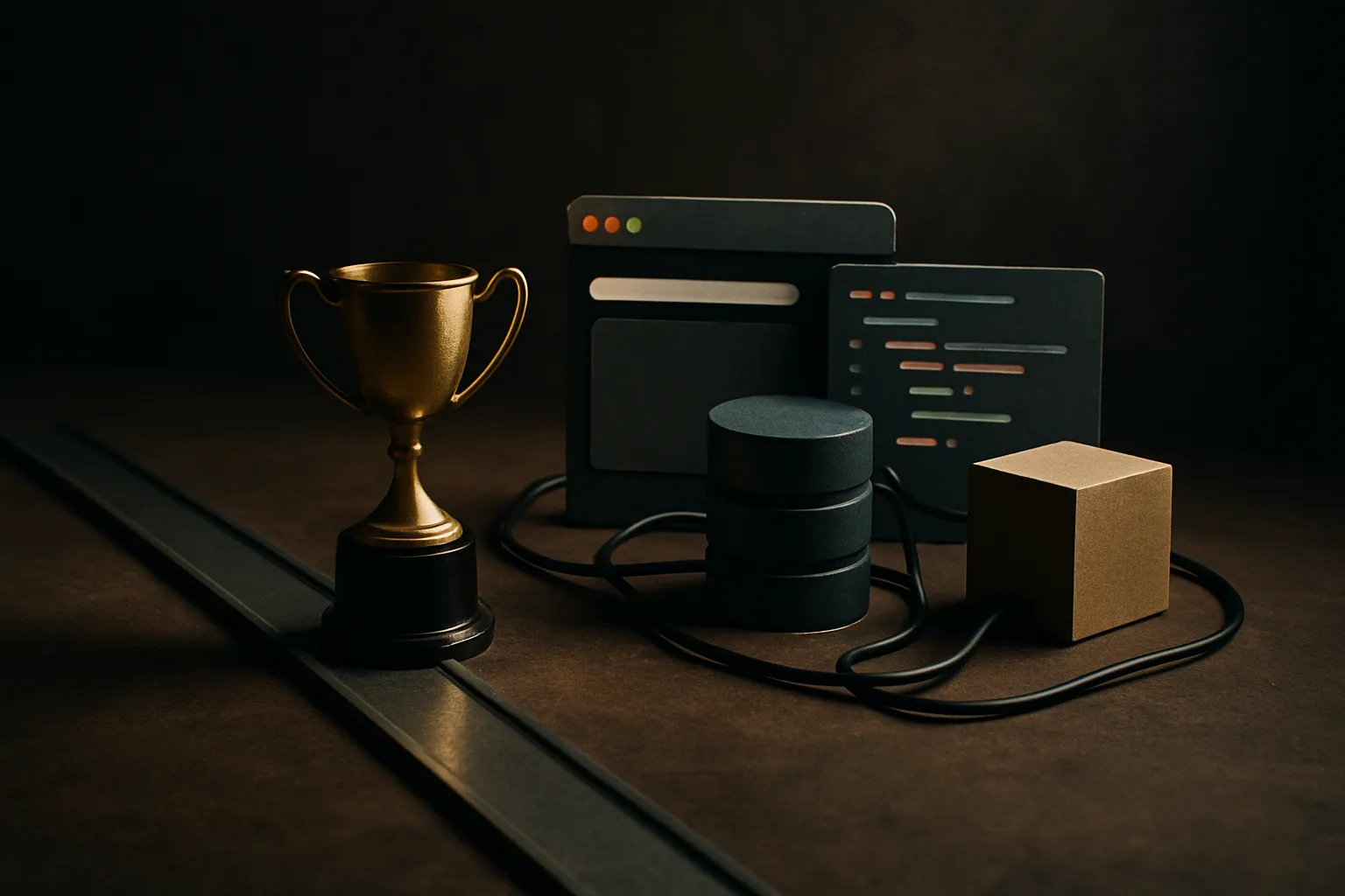 a narrow polished test track ending at a trophy beside a messy application workbench with connected browser window, code