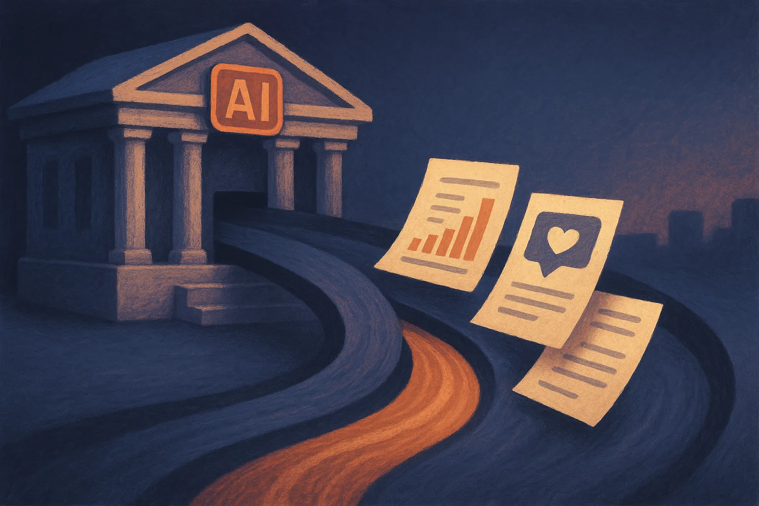 an artificial institution façade feeding polished reports and social posts into a wider public information stream