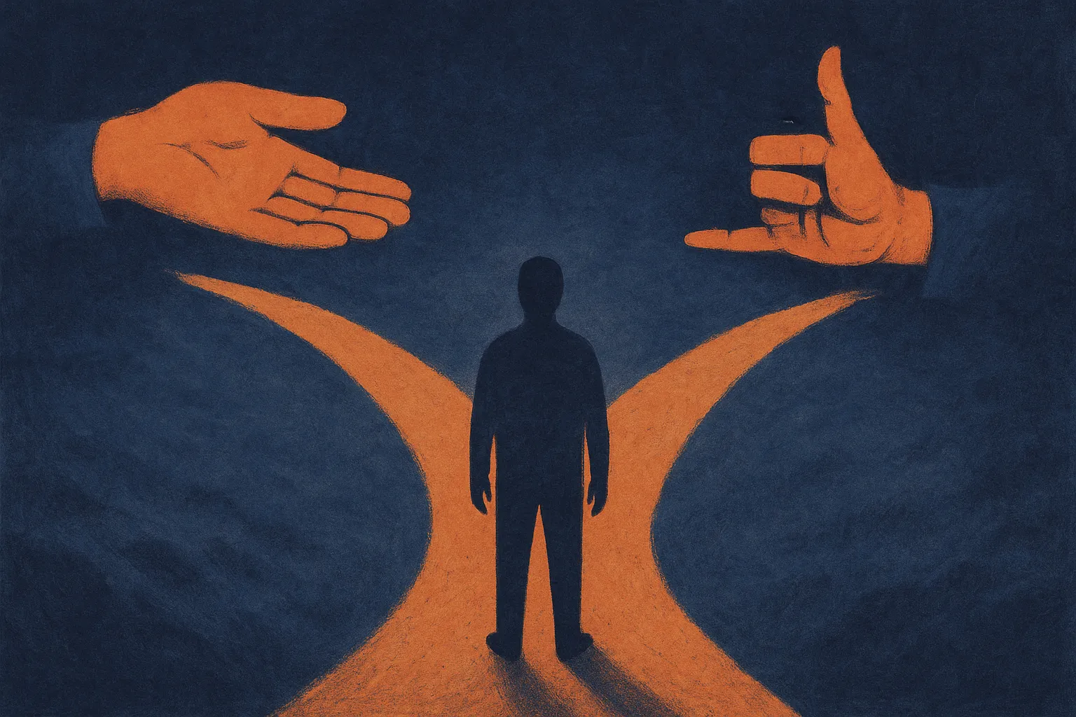 a figure standing at a fork where one path leads to a helpful hand and the other to a deceptive hand, the figure weighin