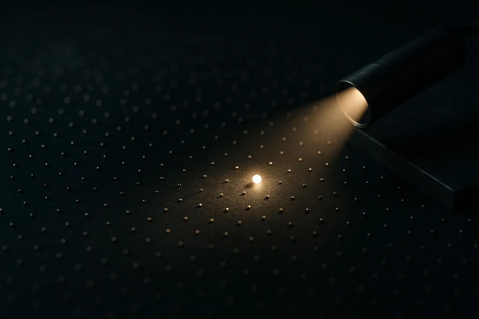 a vast field of small scattered points with one glowing point being singled out by a search beam