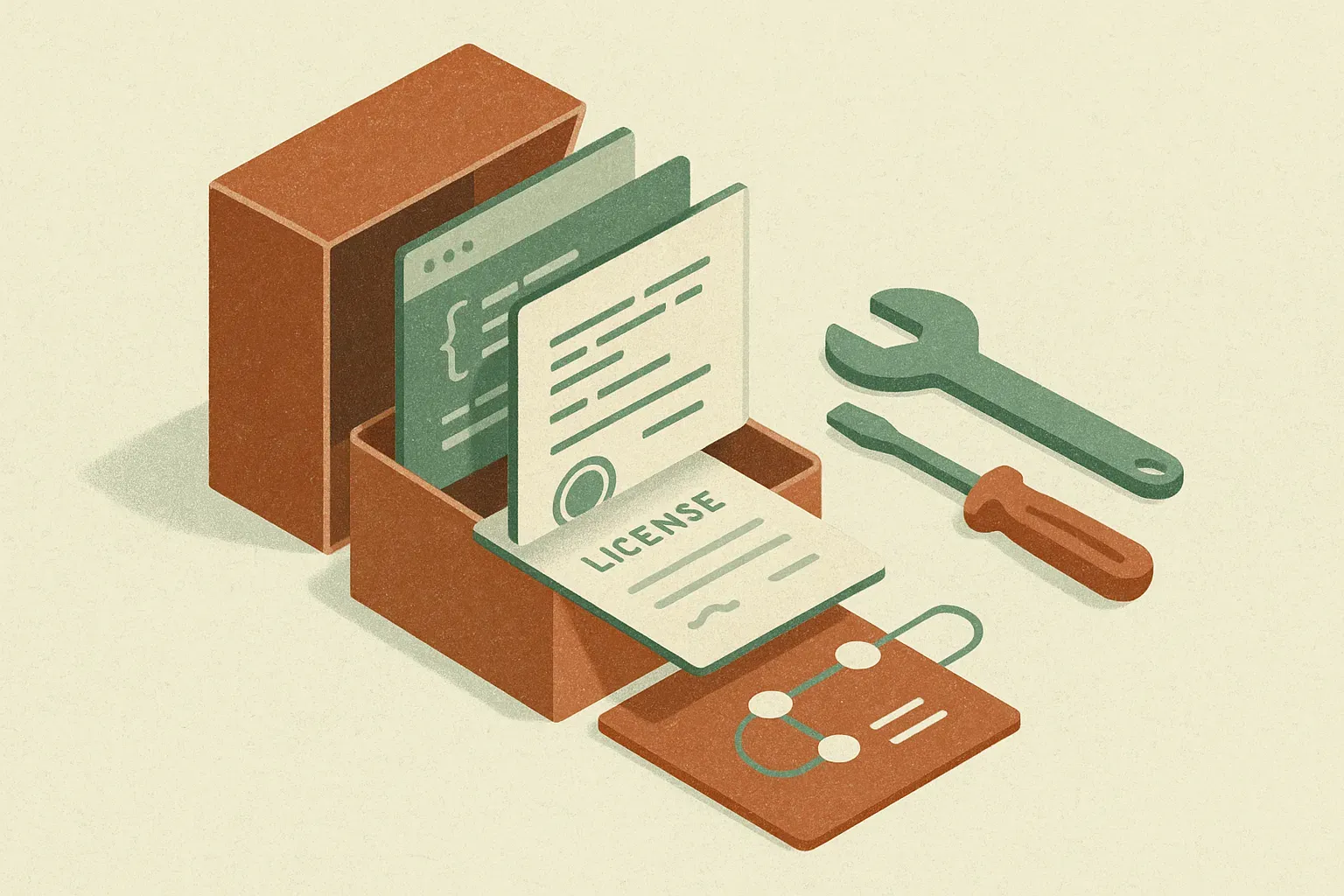an opaque product box opening into visible layers of code, license papers, issue threads, and connected tools