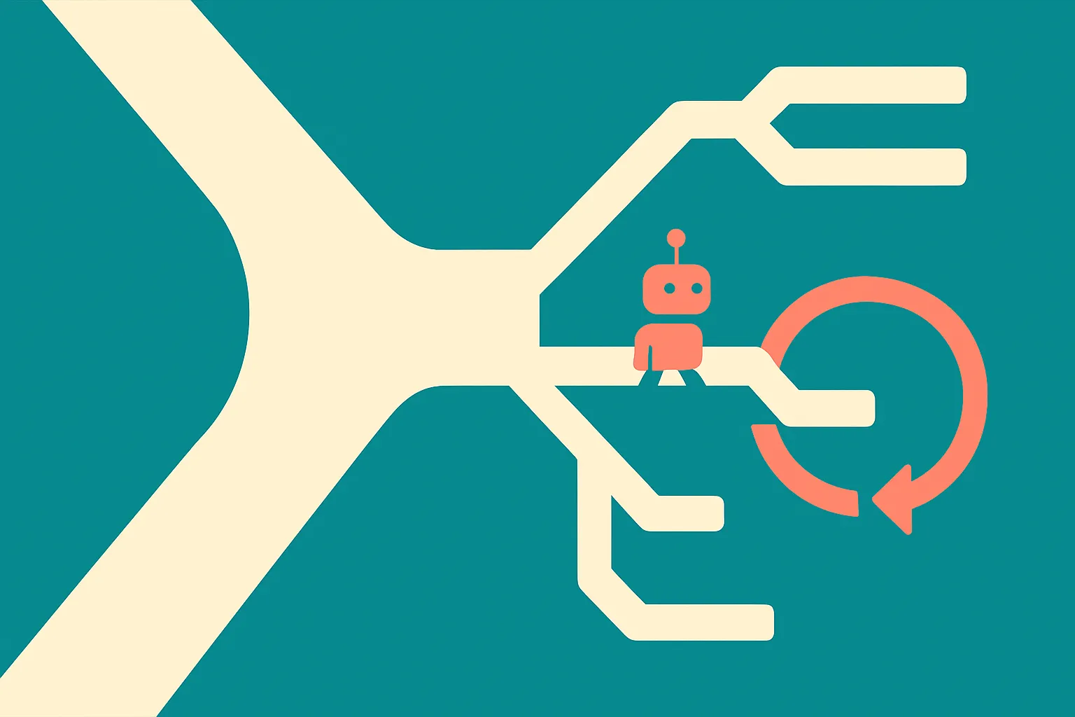 a small agent moving through a branching game path, with one broad training stream feeding the path and a tighter repair
