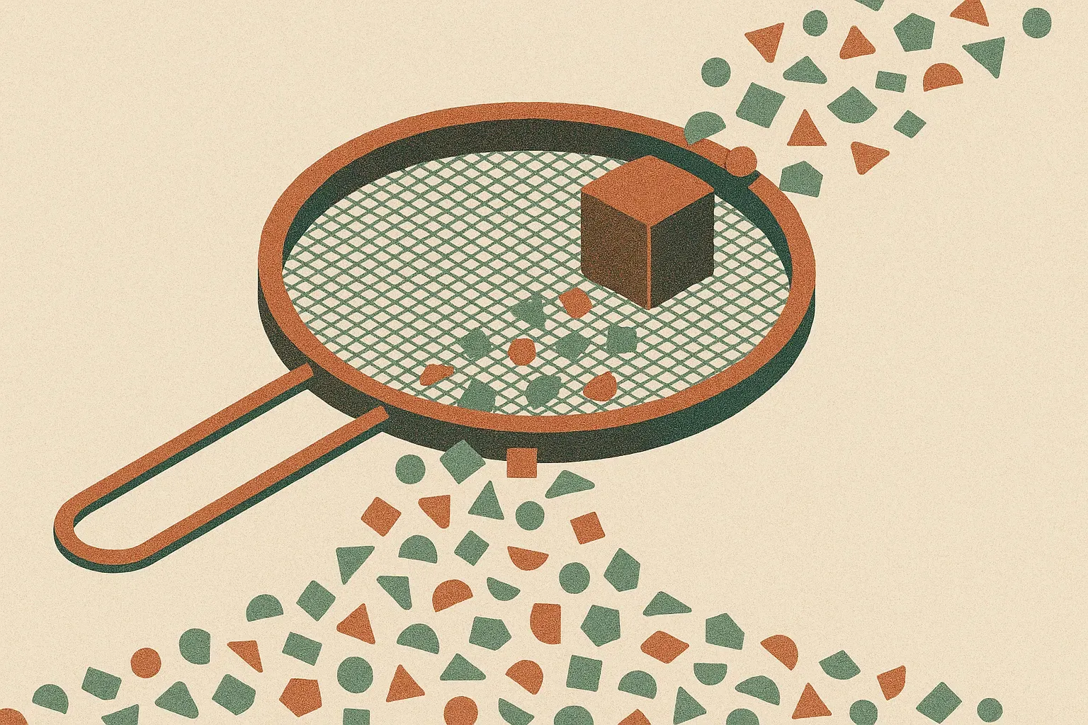 a dense stream of small objects flowing through a sieve, with one dominant shape being caught and held back while varied