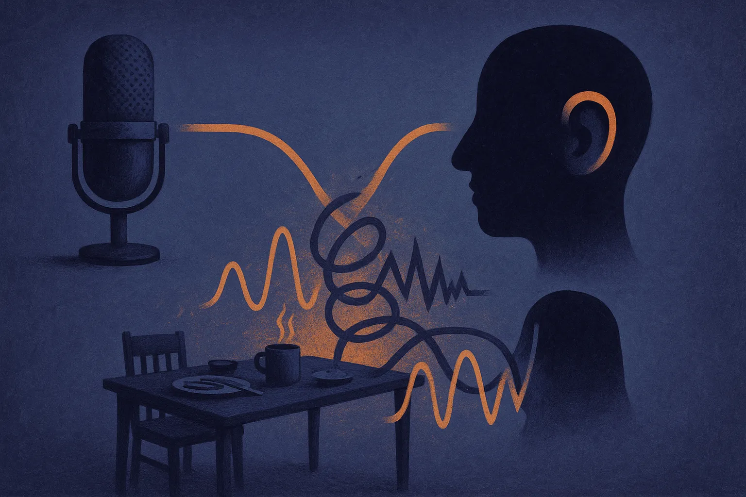 two paths from a polished studio microphone and a noisy kitchen table converging into a single listening agent, with the