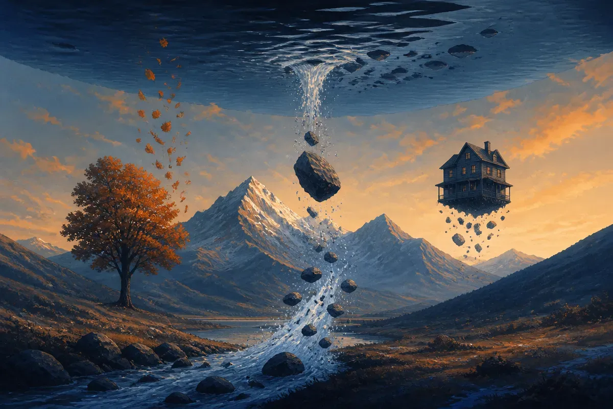 a familiar-looking landscape whose physical rules run backwards, with objects behaving against expectation