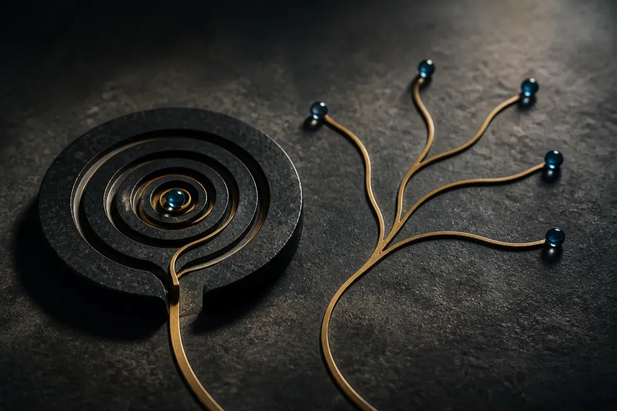 a winding search path that spirals tighter and tighter into a single fixed point, next to a second path that breaks free