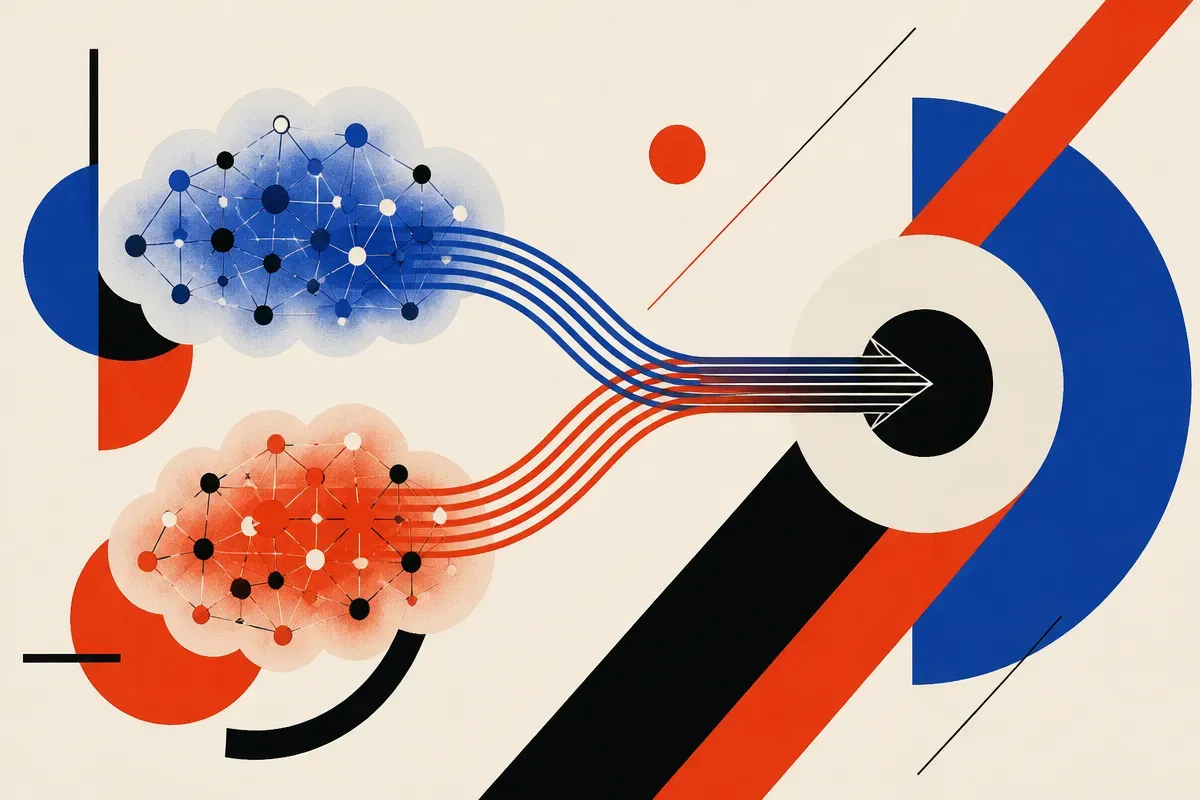 two cloud-like neural response patterns connected by several curved paths that merge into one shared flow
