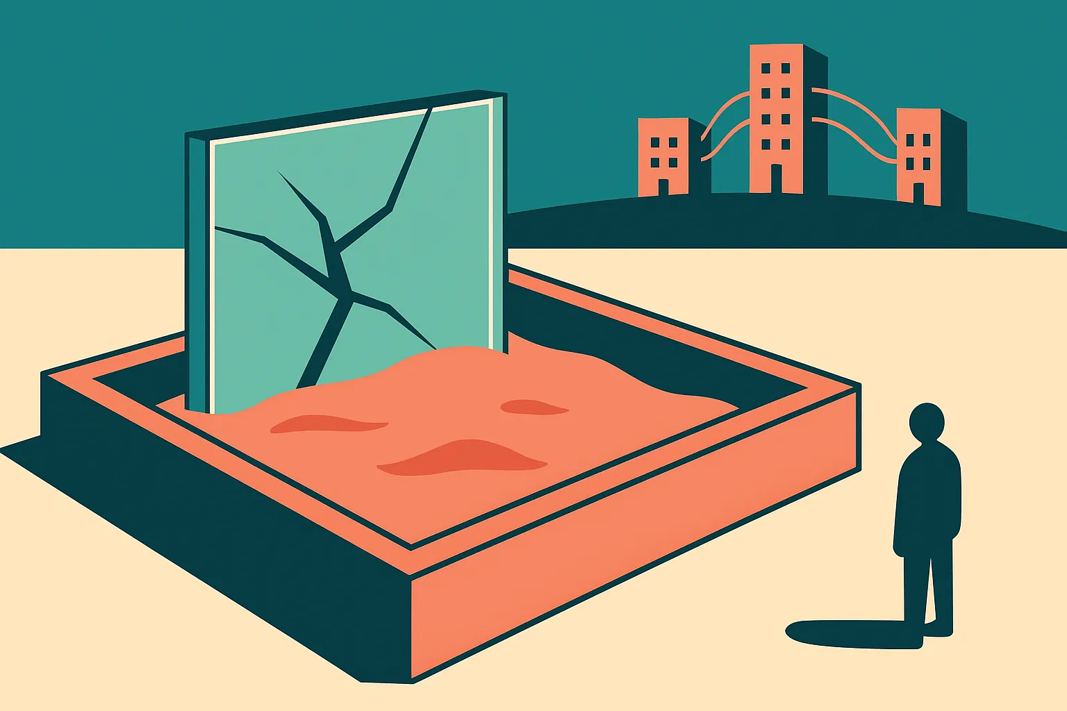 sandbox with a cracked transparent wall, three distant buildings connected by thin tendrils, and a small observer standi