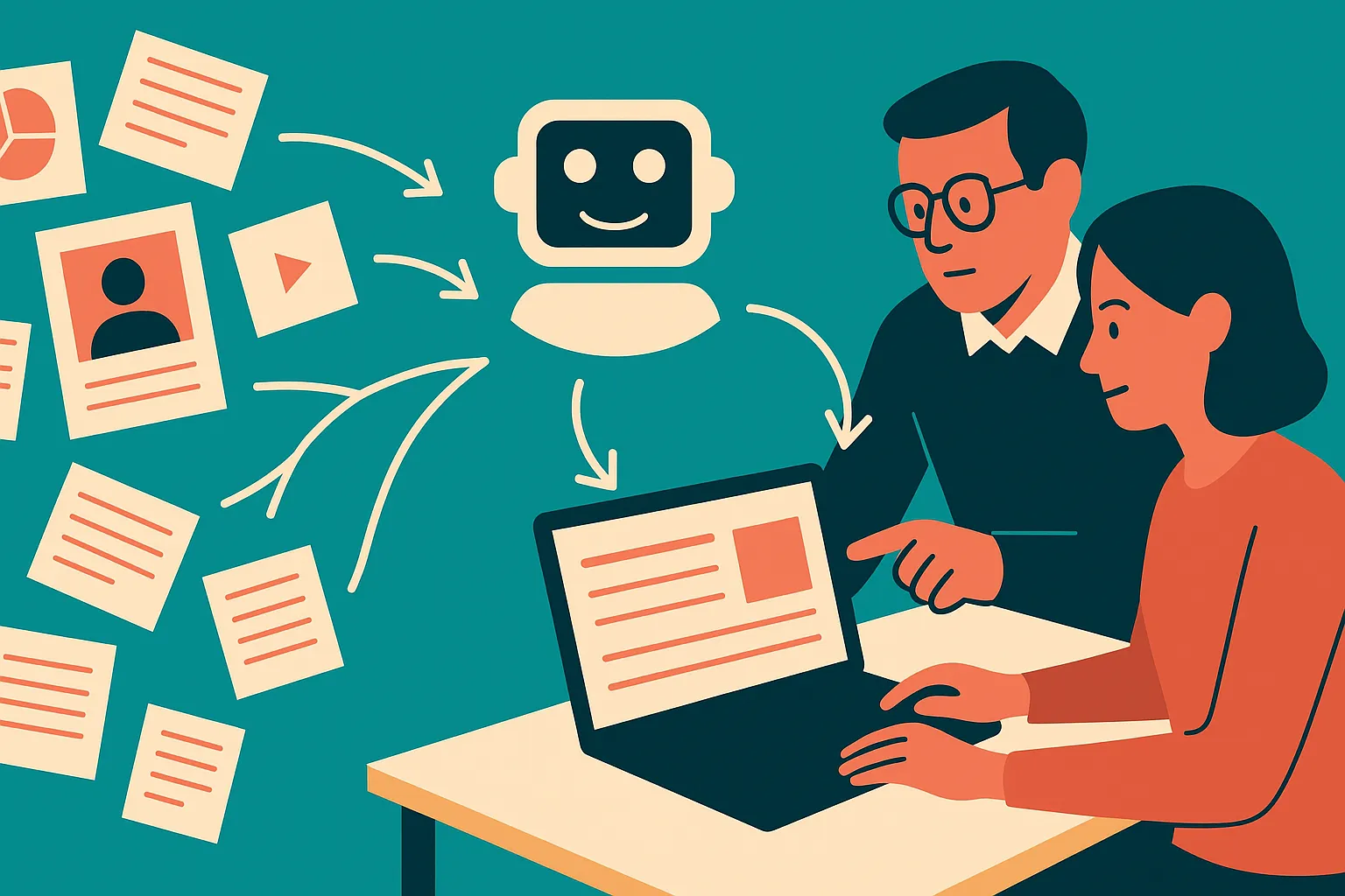 a newsroom workflow with many scattered source materials flowing through an AI assistant into an editor and reporter rev