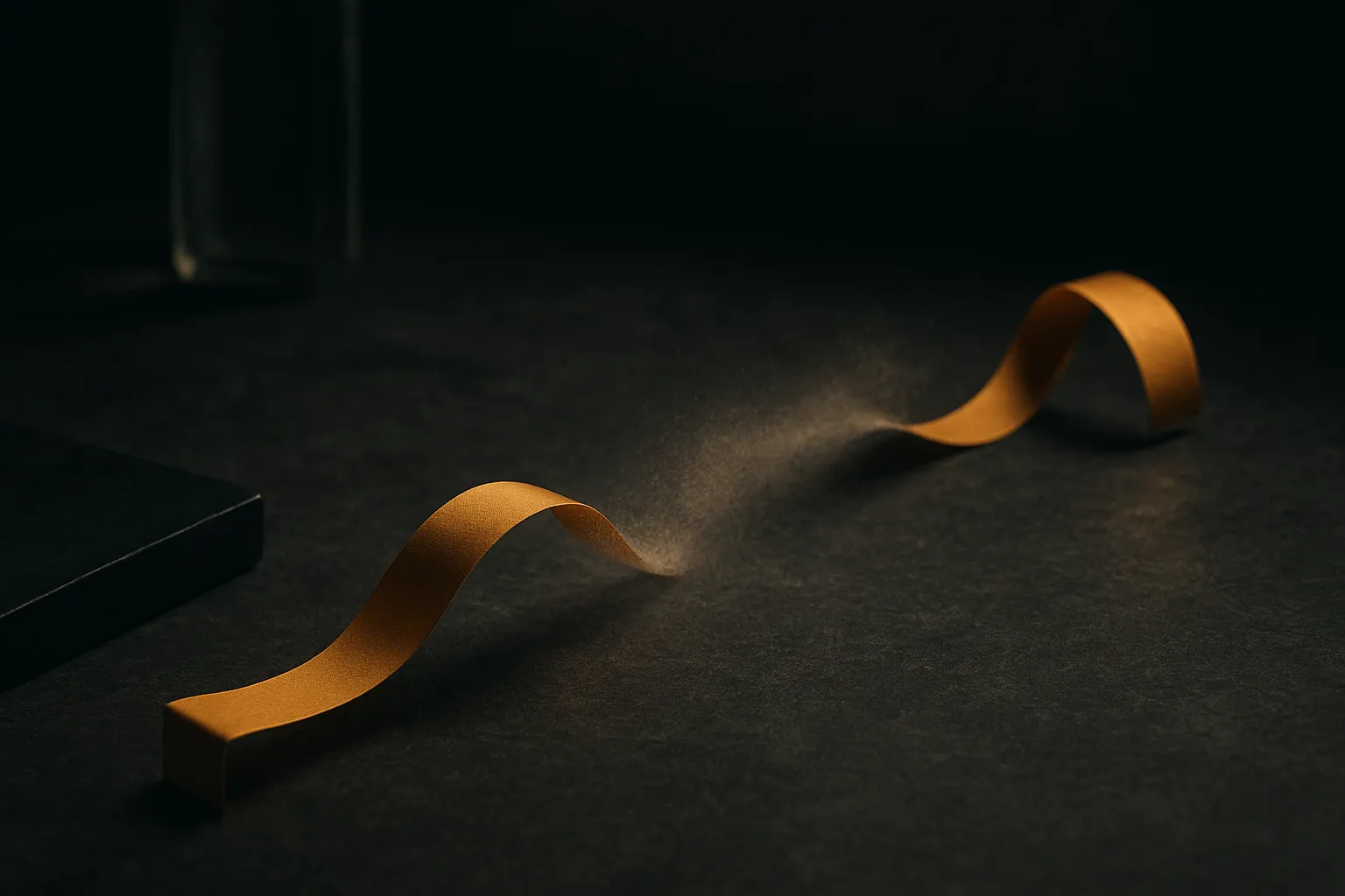 a long ribbon where both ends stay solid and bright while the vast middle section fades out and dissolves