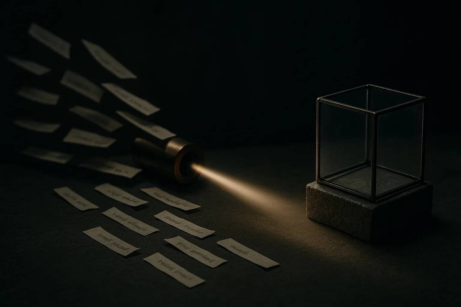 many faint prompt fragments flowing together into a single strong steering force aimed at a model