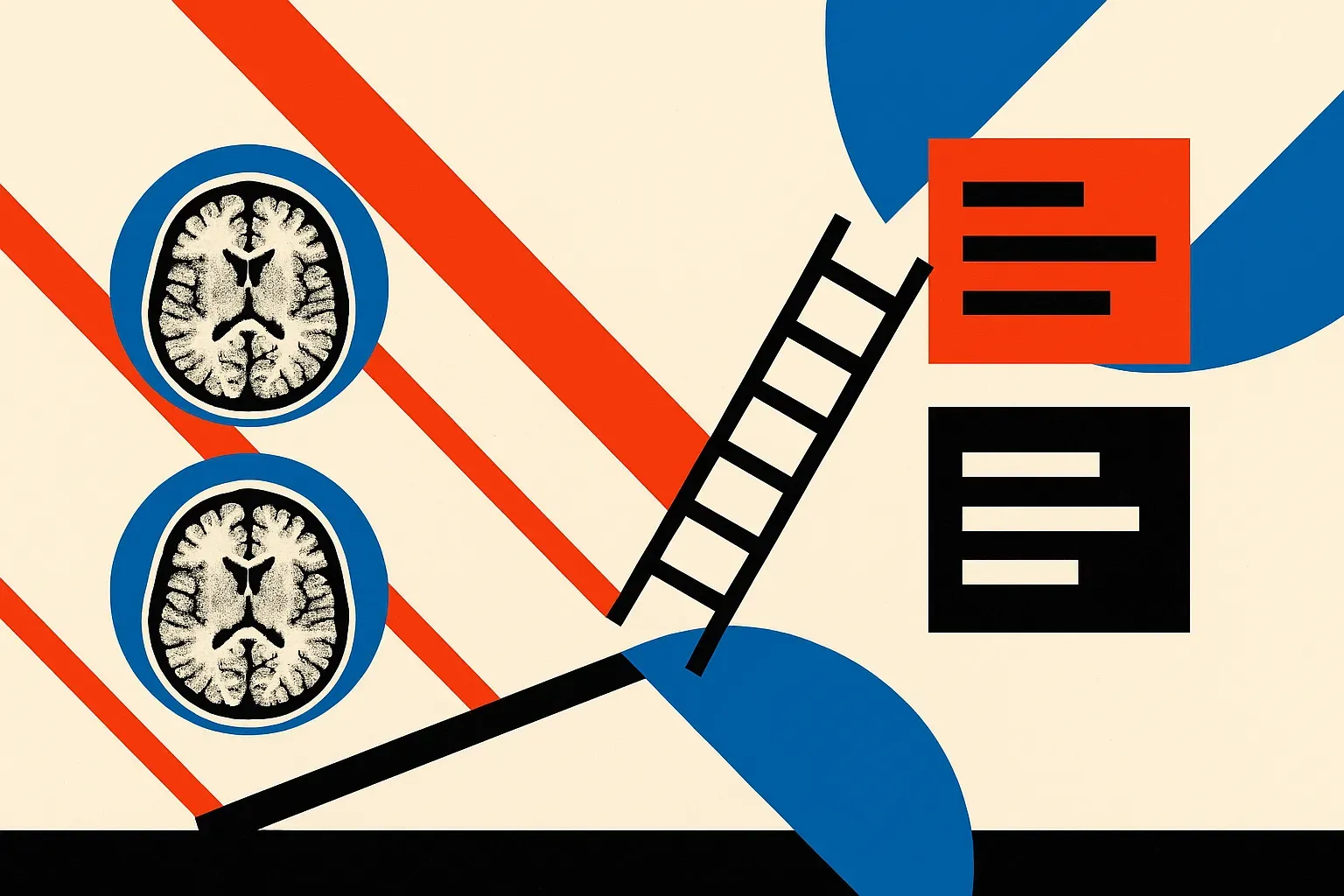 two identical medical scans feeding into two differently shaped text blocks, with a ranking ladder tilting between them