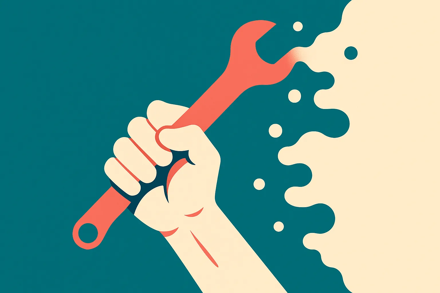 a hand gripping a tool that is slowly dissolving into mist, the grip loosening