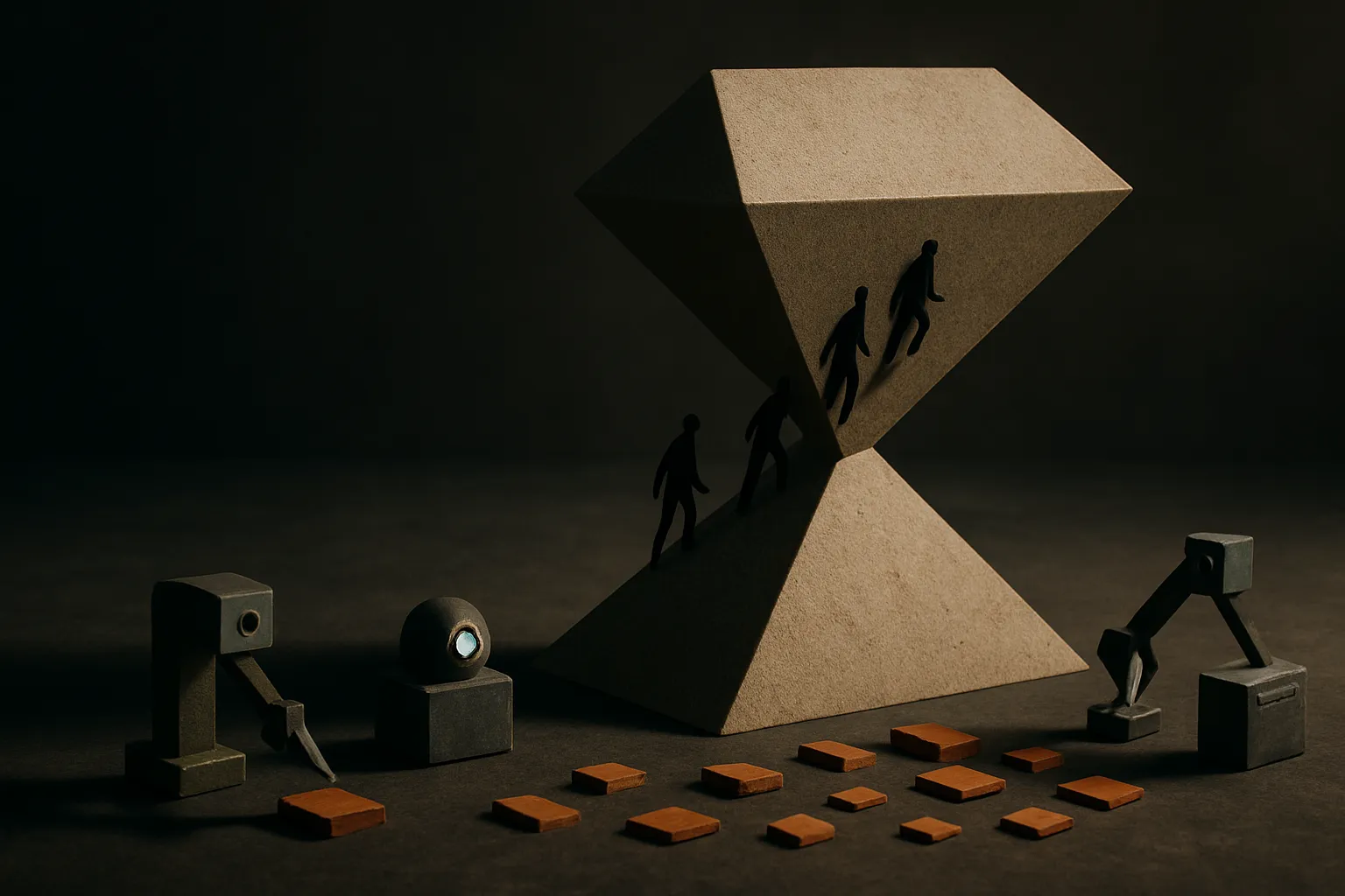 an old narrow pyramid reshaping into a wider diamond, with small human figures moving from the base into the middle whil