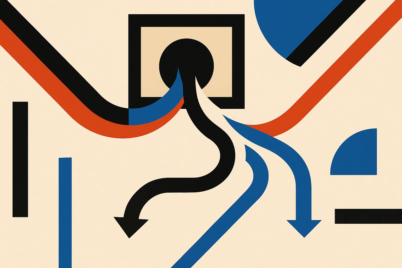 two streams from software builders and operations teams converging into a shared workspace, then flowing back into produ