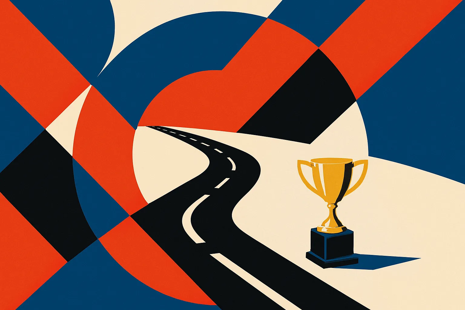 a single polished trophy on a pedestal beside a long winding road stretching into the distance, the trophy small against