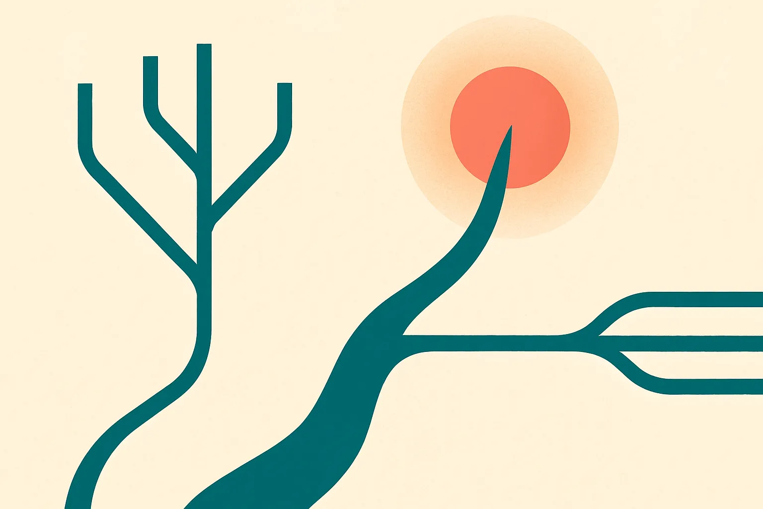 two branching paths, one path tightly pulled toward a glowing guide, the other path keeping some independent branches be