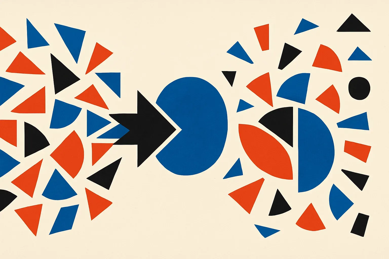 a cluster of similar colored fragments from different examples converging into one shared simple shape, contrasted with 