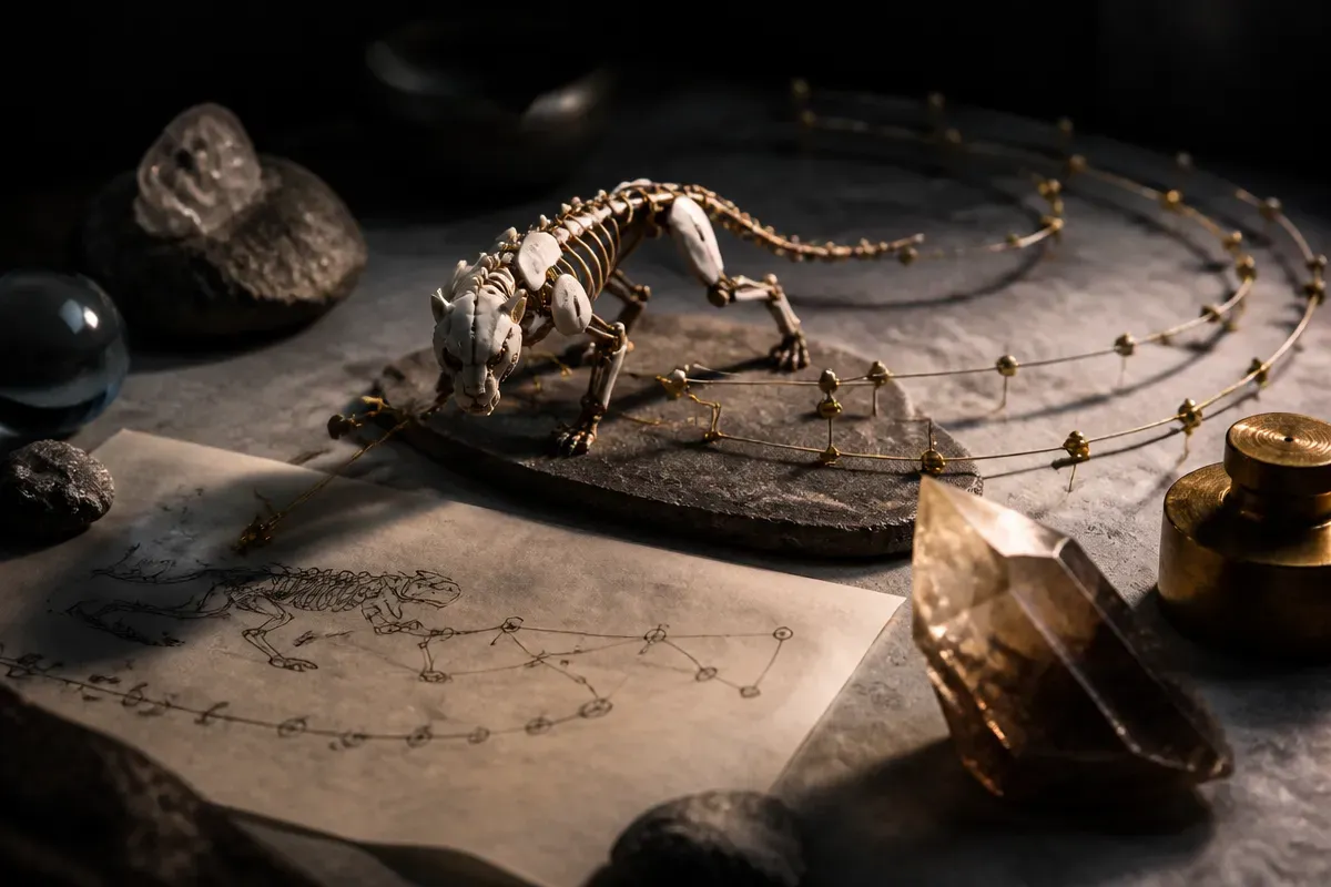 a generated scene containing a rigged creature, with its skeleton pose and camera path emerging from the same motion