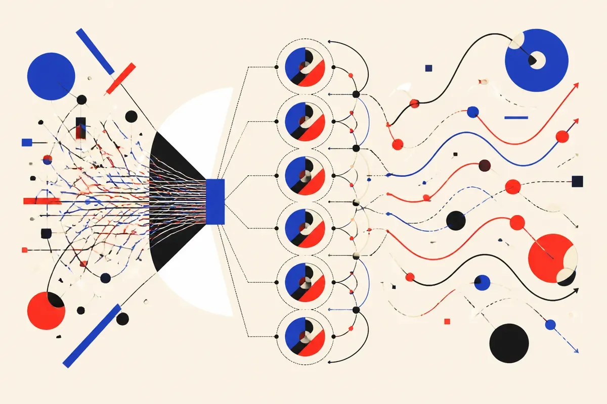 messy signal streams entering a multiplying set of agent loops and emerging as distorted customer paths