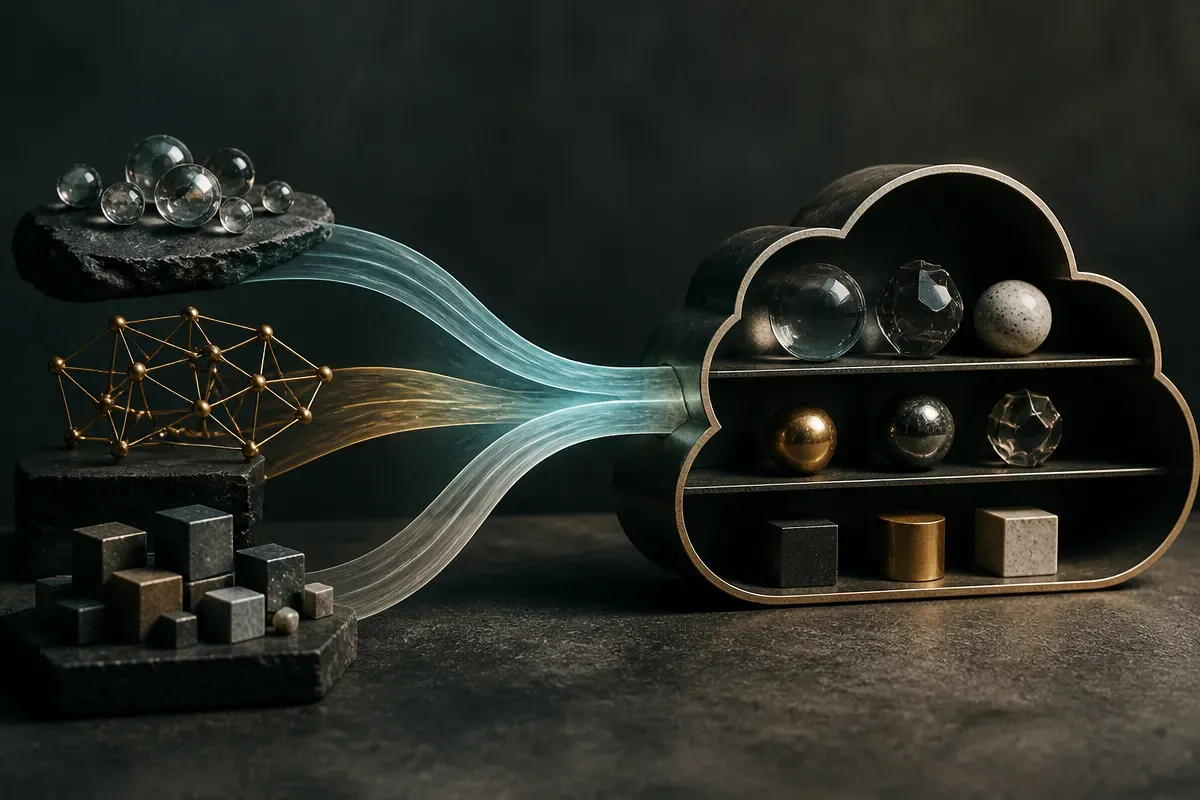separate model ecosystems flowing into a shared cloud marketplace shelf
