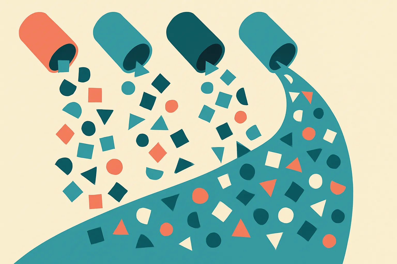 scattered fragments from several separate containers flowing together into a single stream