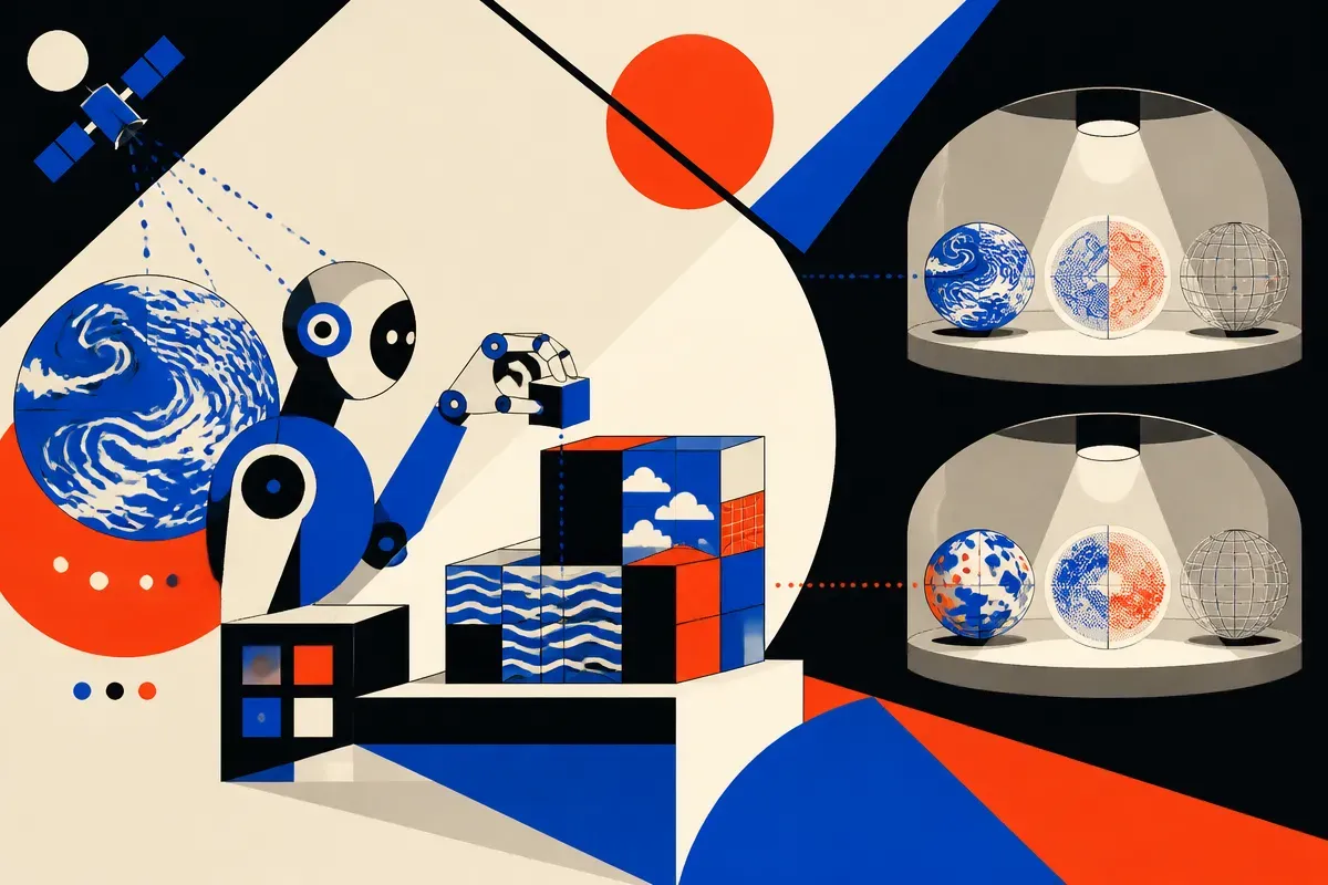 an AI agent assembling a small climate model from ocean and atmosphere observations while separate hidden test chambers 