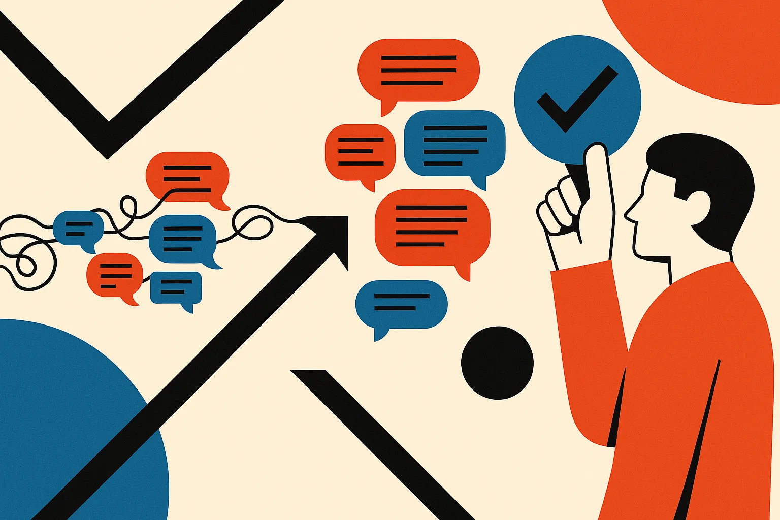 messy comment streams flowing into grouped clusters with a human reviewing the final cluster
