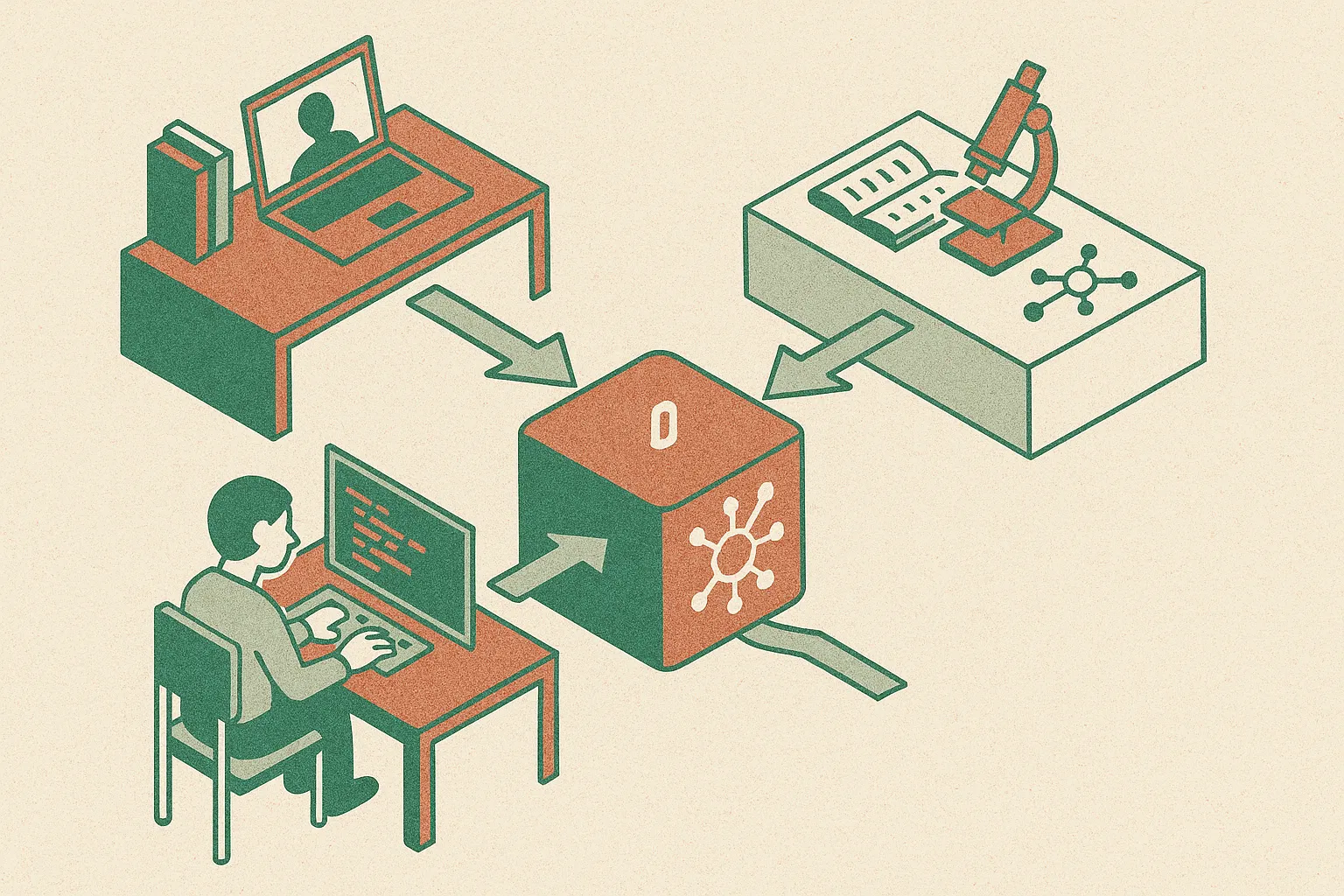 teacher workspace, student coding desk, and research table feeding into one shared AI workspace