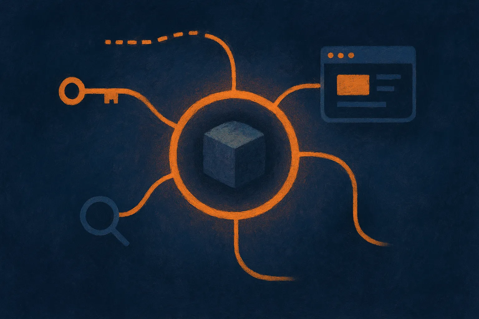 a small model core connected to a surrounding ring of streaming signals, scoped keys, event hooks, and inspection paths 