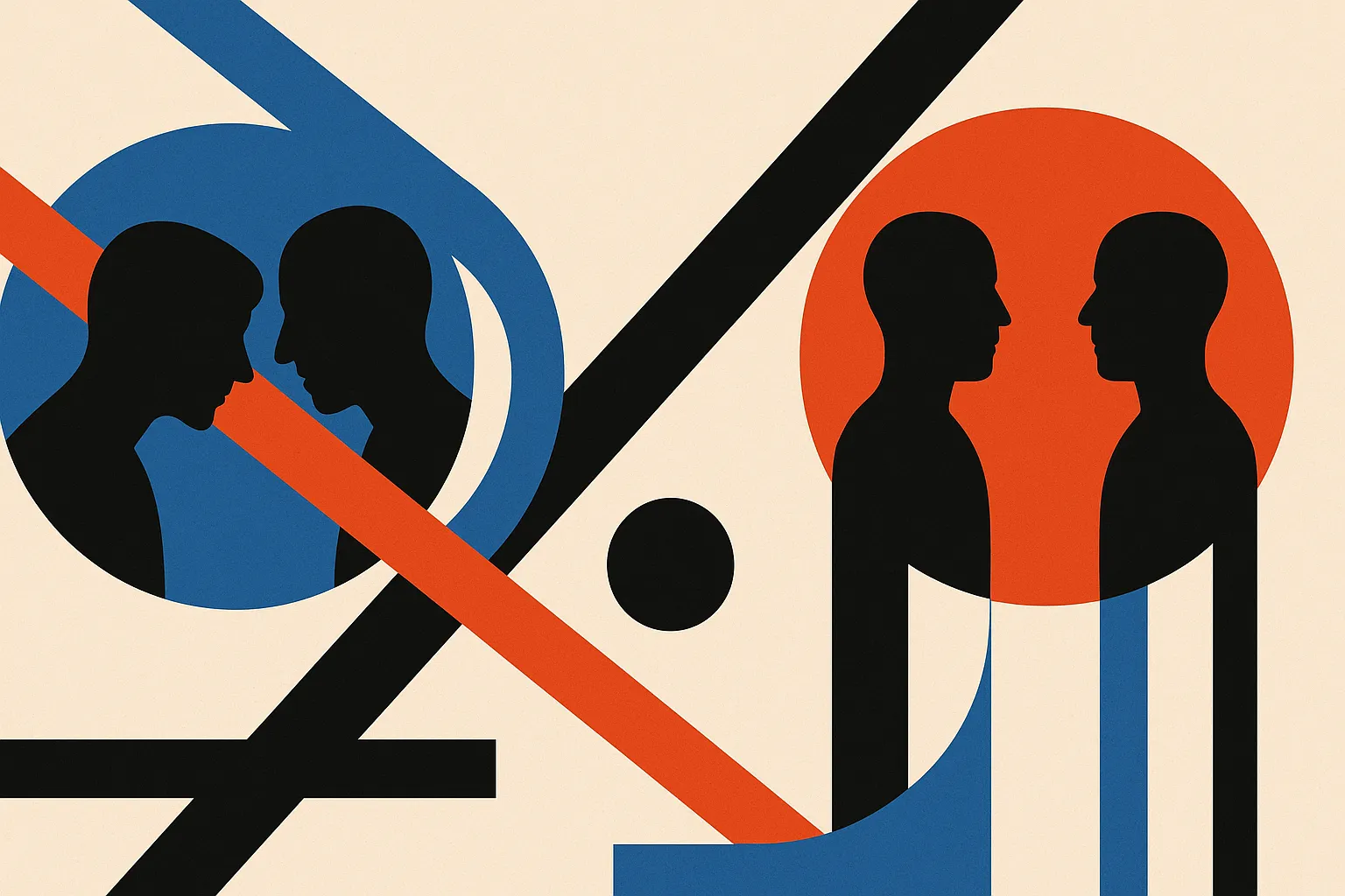 two pairs of silhouetted figures in conversation, one pair leaning in and overlapping, the other pair held apart and upr