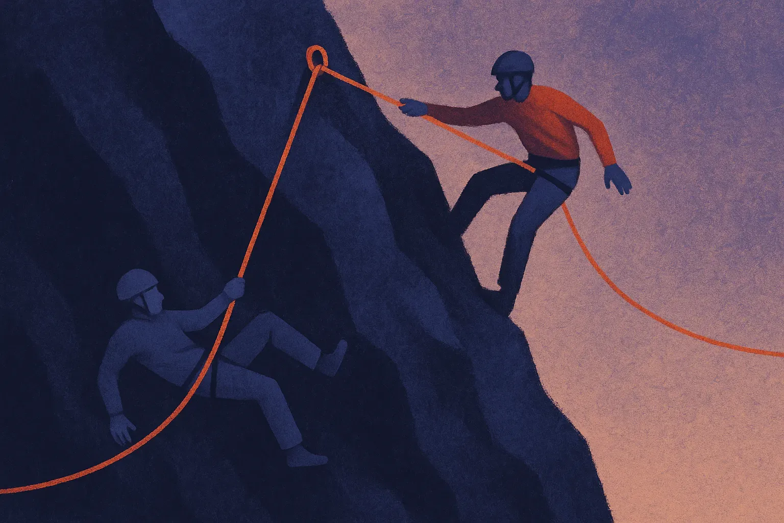 two climbers roped to the same anchor, the one pulled tightest against the rock slipping first while the looser one keep